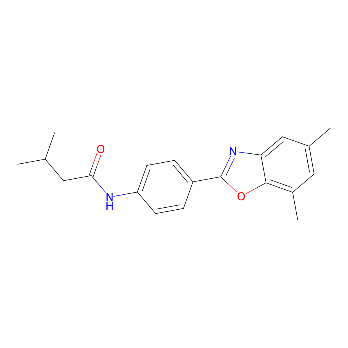 N-[4-(5,7-dimethyl-1,3-benzoxazol-2-yl)phenyl]-3-methylbutanamide molecular structure, CAS 431981-65-6