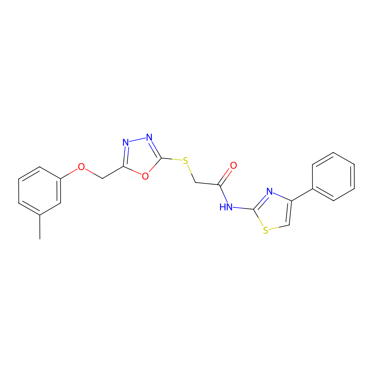 2-({5-[(3-methylphenoxy)methyl]-1,3,4-oxadiazol-2-yl}sulfanyl)-N-(4-phenyl-1,3-thiazol-2-yl)acetamide molecular structure, CAS 431994-88-6
