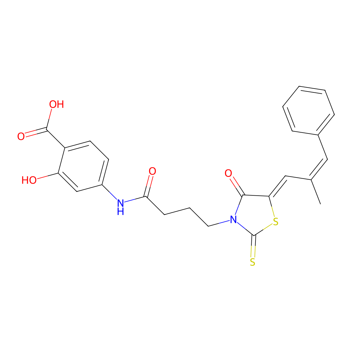 2-Hydroxy-4-(4-(5-(2-methyl-3-phenylprop-2-enylidene)-4-oxo-2-sulfanylidene-1,3-thiazolidin-3-yl)butanoylamino)benzoic acid molecular structure, CAS 431994-94-4
