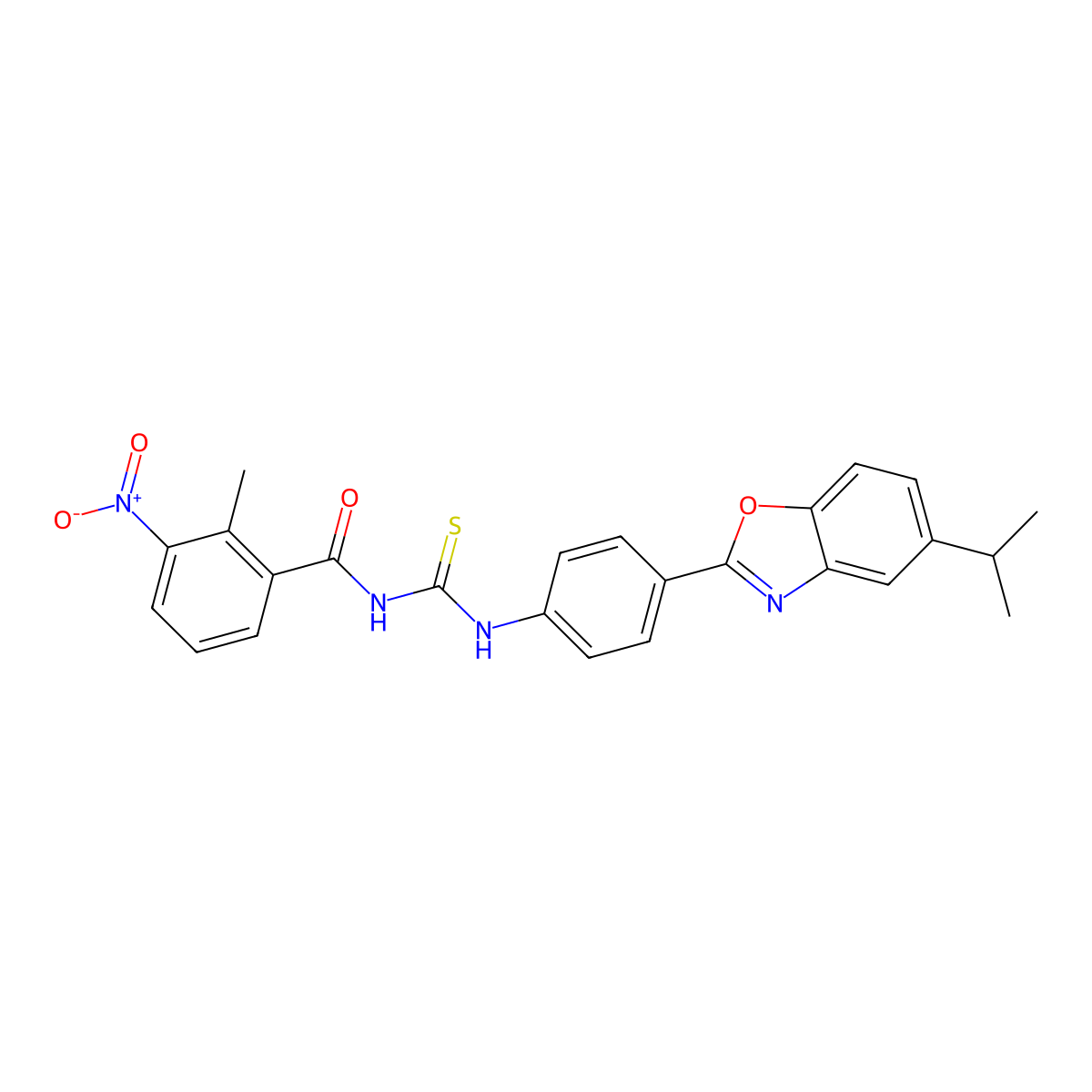 2-methyl-3-nitro-N-[[4-(5-propan-2-yl-1,3-benzoxazol-2-yl)phenyl]carbamothioyl]benzamide molecular structure, CAS 431996-43-9