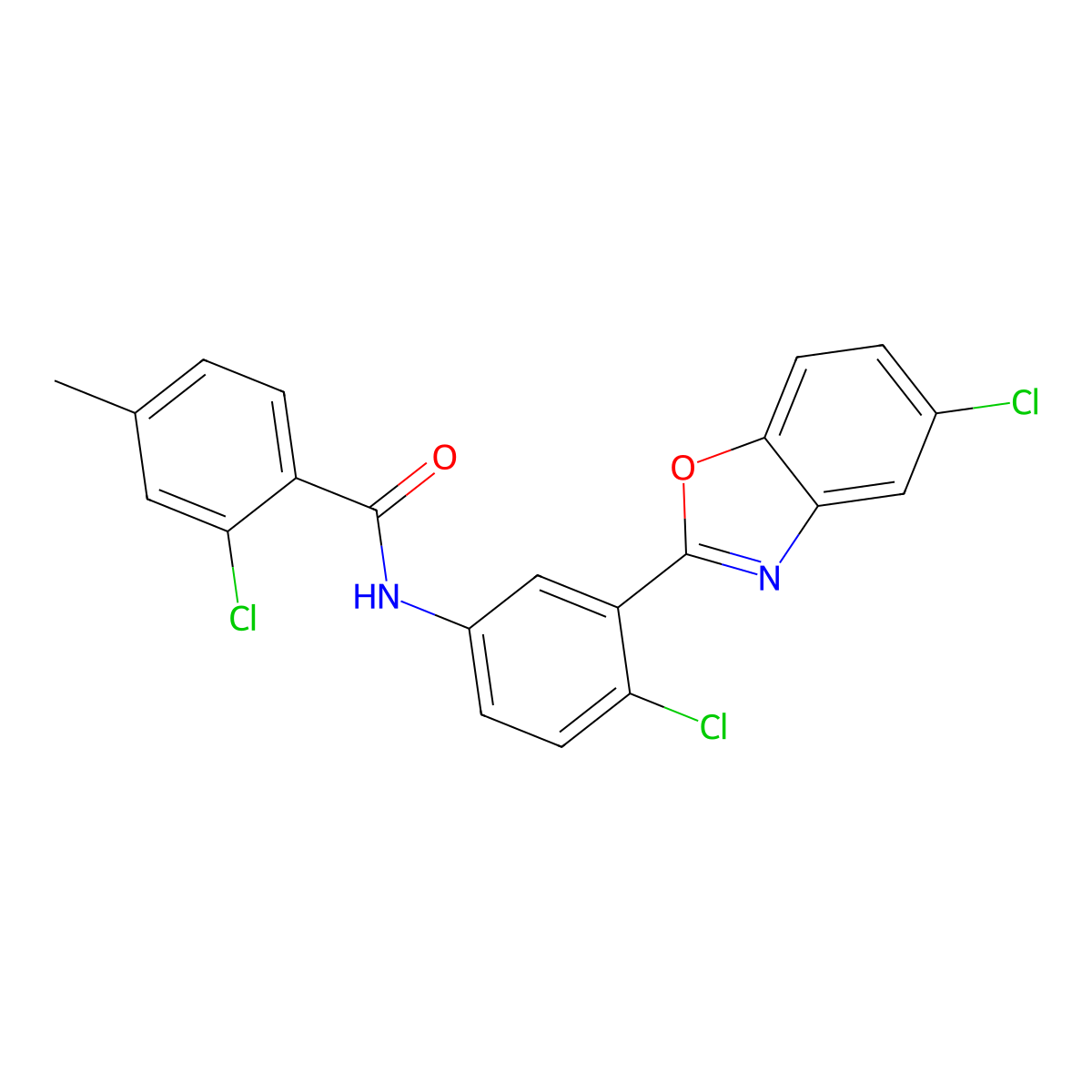 2-chloro-N-[4-chloro-3-(5-chloro-1,3-benzoxazol-2-yl)phenyl]-4-methylbenzamide molecular structure, CAS 431999-67-6