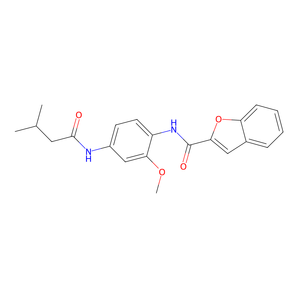 N-[4-(benzo[d]furan-2-ylcarbonylamino)-3-methoxyphenyl]-3-methylbutanamide molecular structure, CAS 432001-21-3