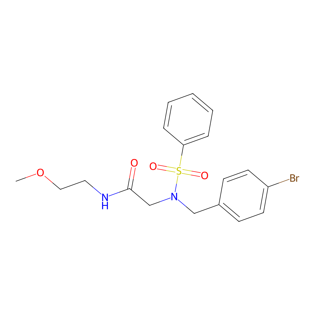 2-[benzenesulfonyl-[(4-bromophenyl)methyl]amino]-N-(2-methoxyethyl)acetamide molecular structure, CAS 432003-71-9