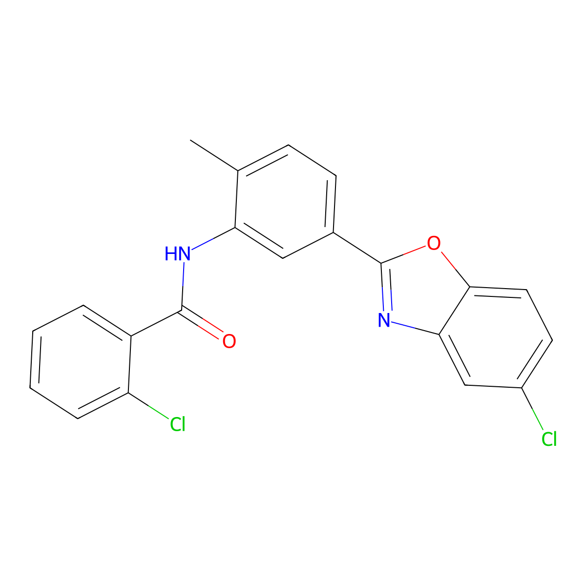 2-chloro-N-[5-(5-chloro-1,3-benzoxazol-2-yl)-2-methylphenyl]benzamide molecular structure, CAS 432004-08-5