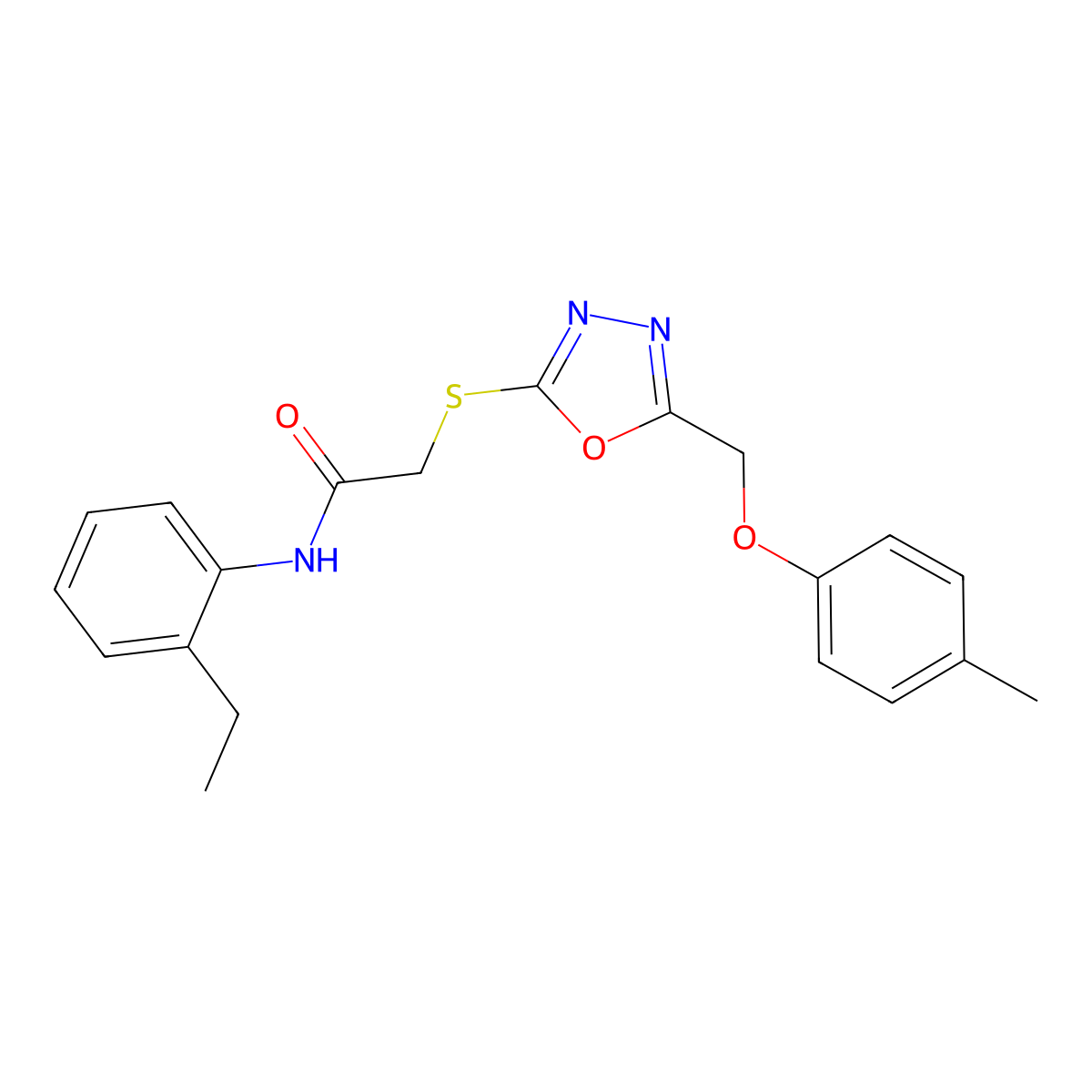 N-(2-ethylphenyl)-2-({5-[(4-methylphenoxy)methyl]-1,3,4-oxadiazol-2-yl}sulfanyl)acetamide molecular structure, CAS 432004-14-3
