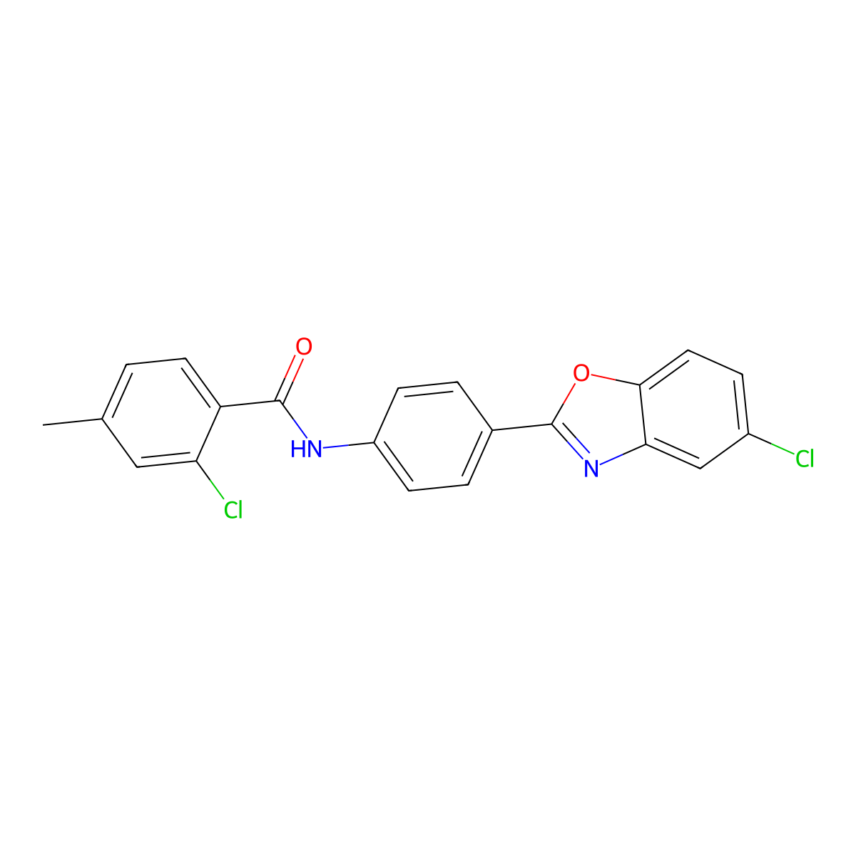 2-chloro-N-[4-(5-chloro-1,3-benzoxazol-2-yl)phenyl]-4-methylbenzamide molecular structure, CAS 432005-48-6