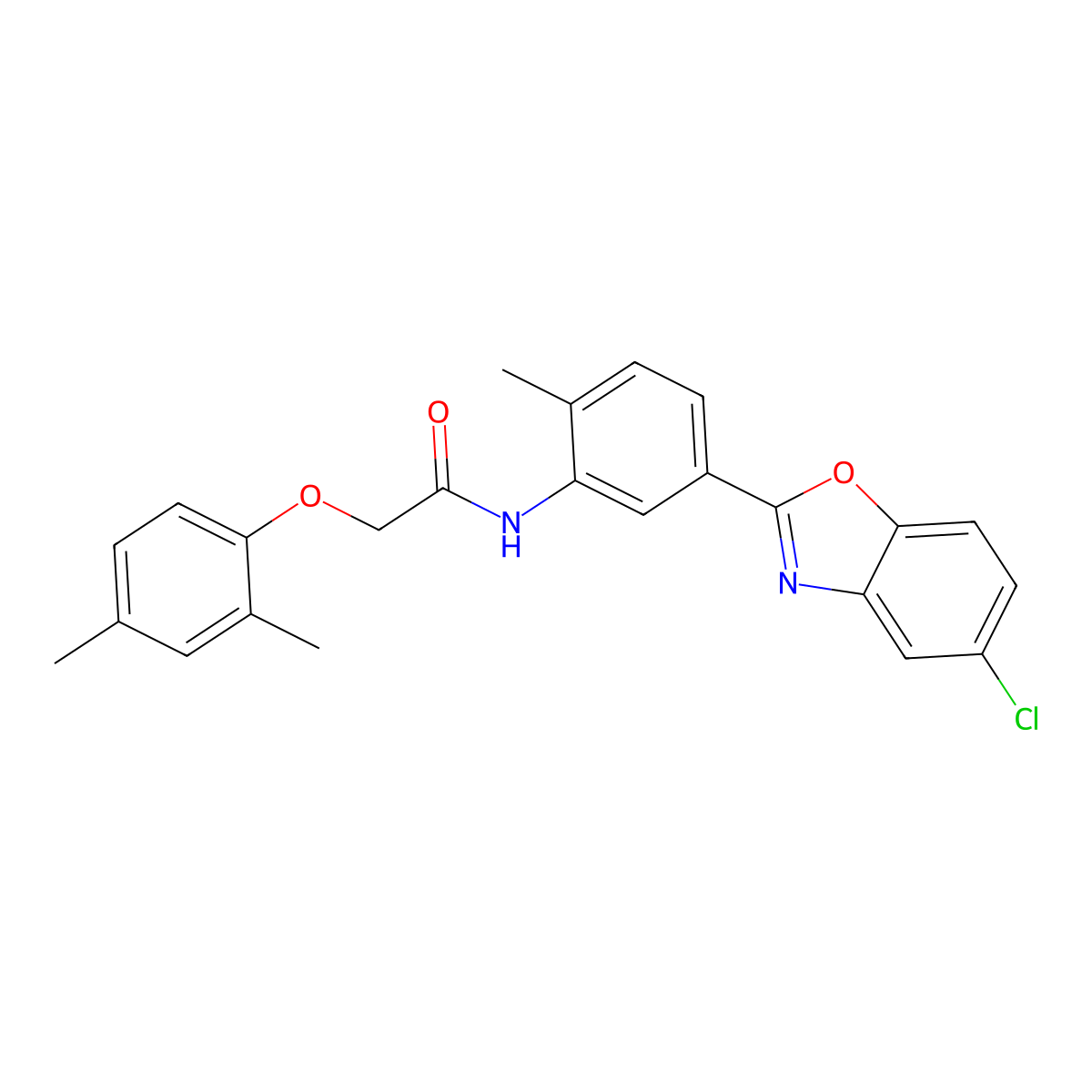 N-[5-(5-chloro-1,3-benzoxazol-2-yl)-2-methylphenyl]-2-(2,4-dimethylphenoxy)acetamide molecular structure, CAS 432006-42-3