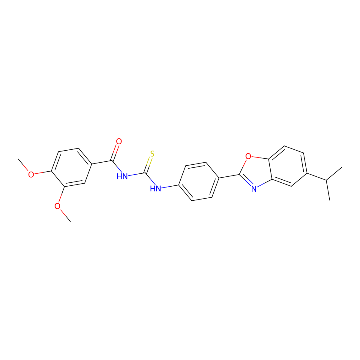 3,4-dimethoxy-N-[[4-(5-propan-2-yl-1,3-benzoxazol-2-yl)phenyl]carbamothioyl]benzamide molecular structure, CAS 432006-61-6