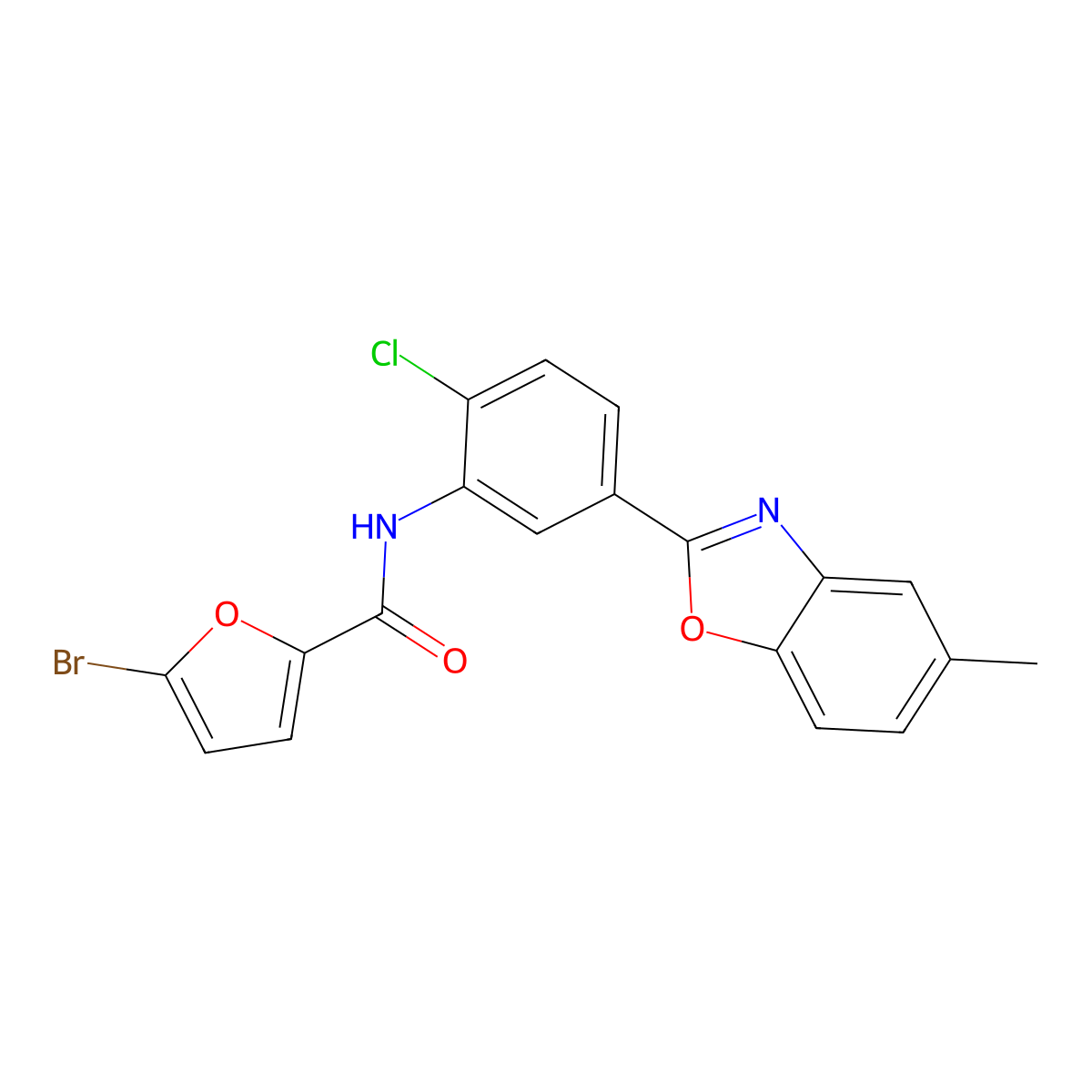 5-bromo-N-[2-chloro-5-(5-methyl-1,3-benzoxazol-2-yl)phenyl]furan-2-carboxamide molecular structure, CAS 432007-34-6