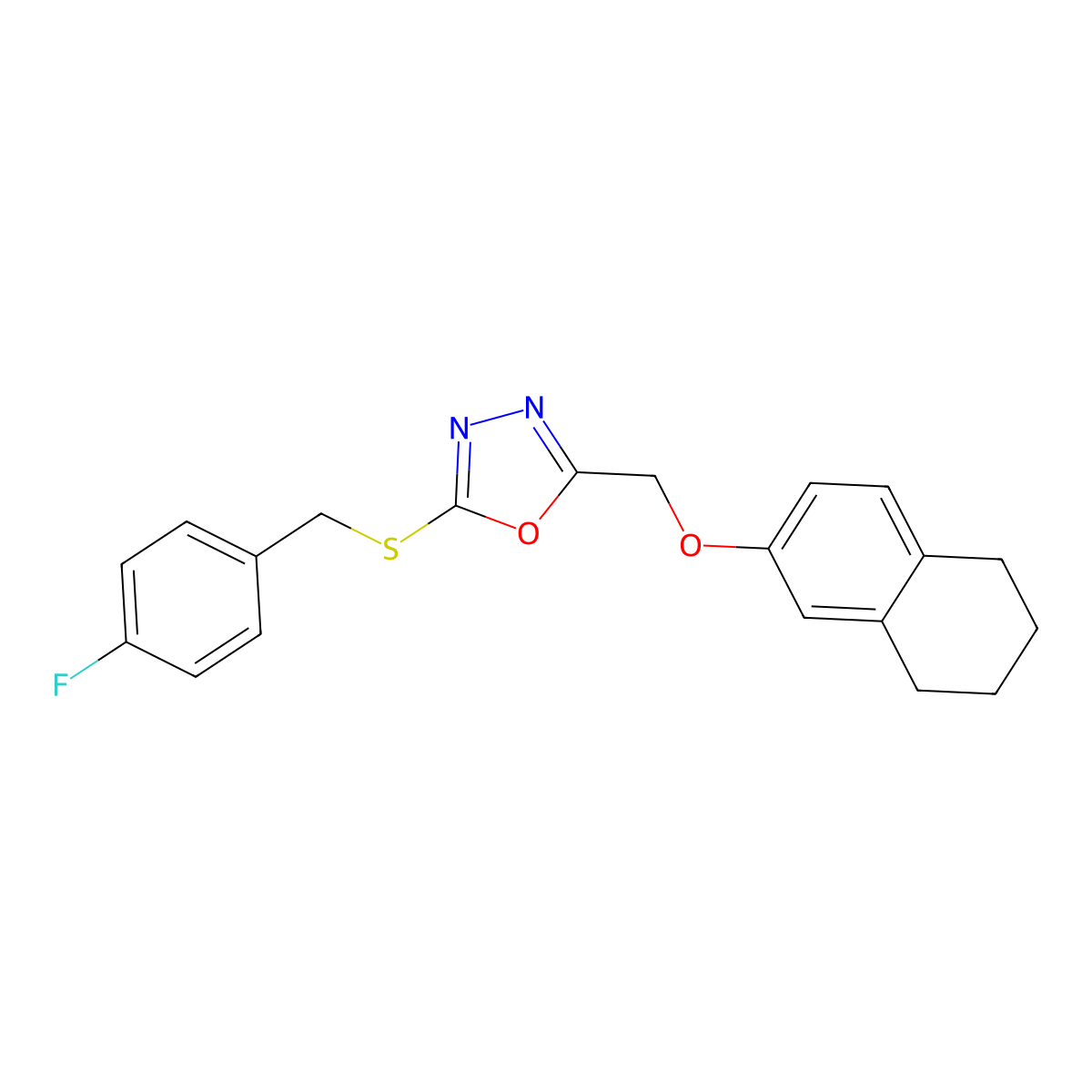 2-[(4-Fluorophenyl)methylsulfanyl]-5-(5,6,7,8-tetrahydronaphthalen-2-yloxymethyl)-1,3,4-oxadiazole molecular structure, CAS 432010-53-2