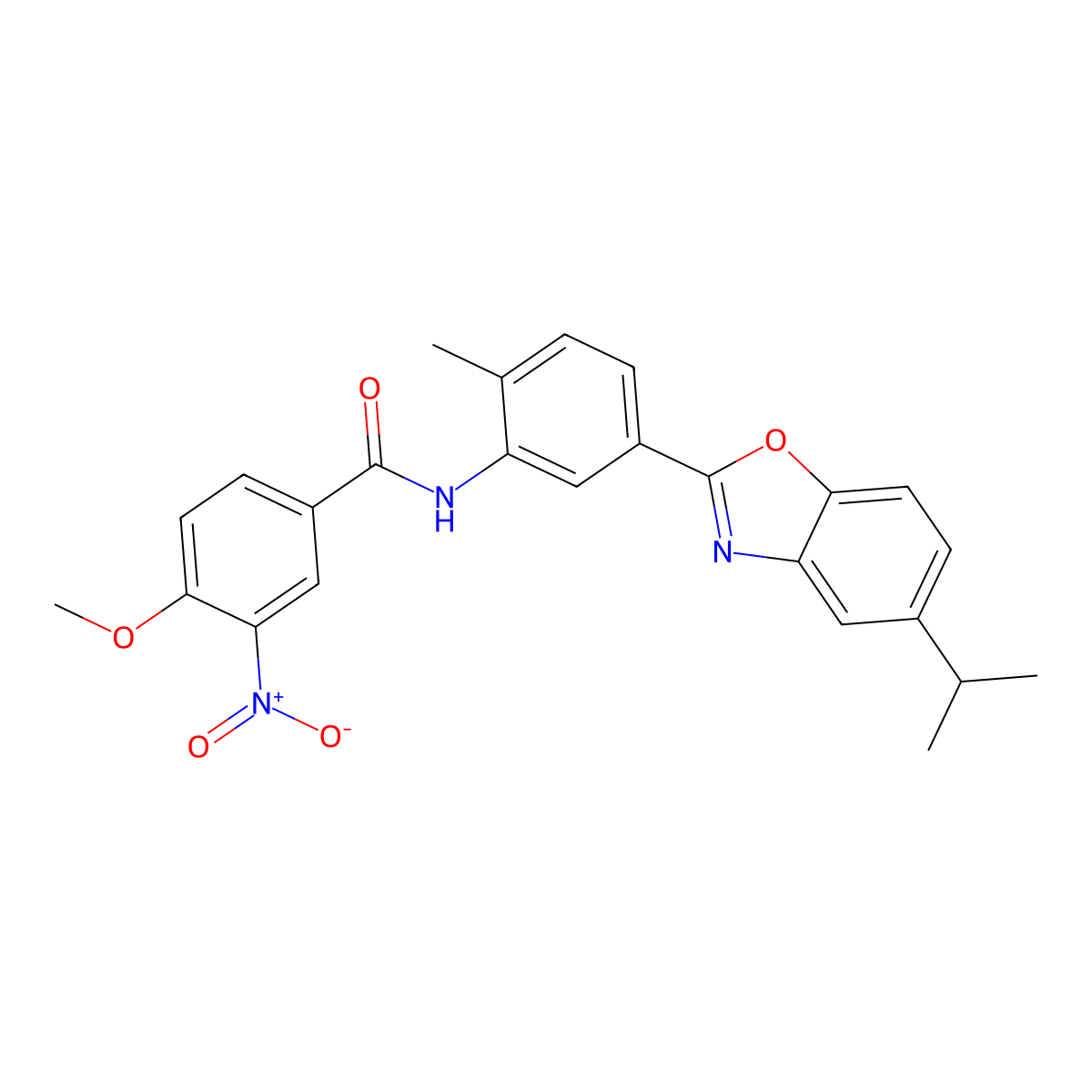 4-methoxy-N-{2-methyl-5-[5-(propan-2-yl)-1,3-benzoxazol-2-yl]phenyl}-3-nitrobenzamide molecular structure, CAS 432012-33-4