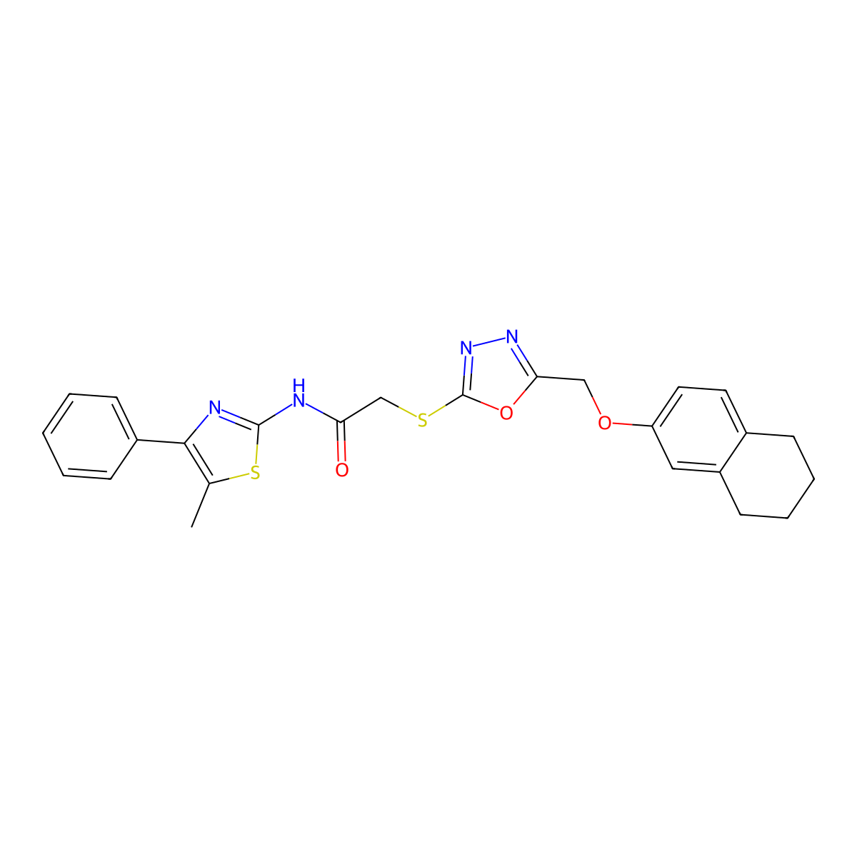 N-(5-methyl-4-phenyl-1,3-thiazol-2-yl)-2-[[5-(5,6,7,8-tetrahydronaphthalen-2-yloxymethyl)-1,3,4-oxadiazol-2-yl]sulfanyl]acetamide molecular structure, CAS 432014-06-7