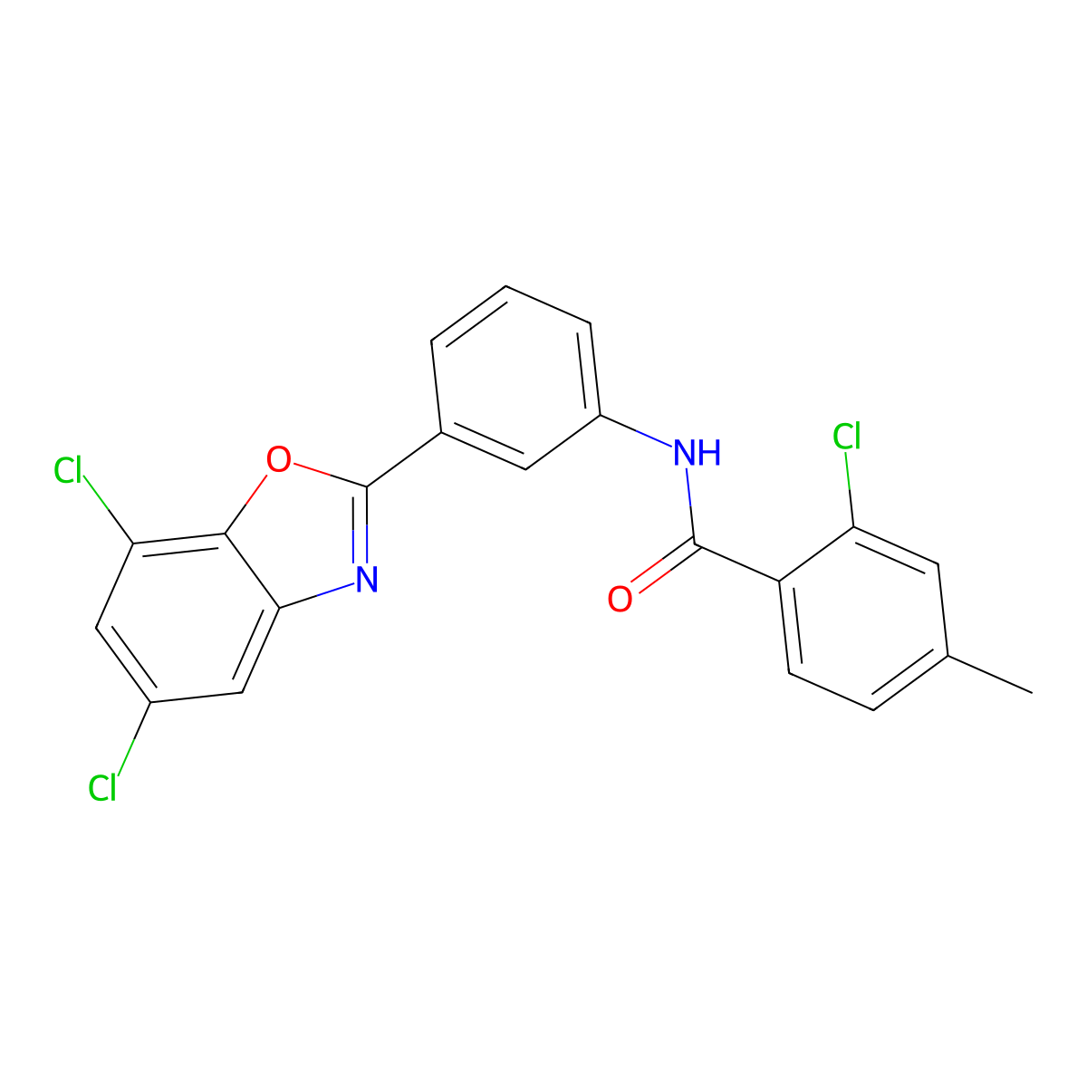 2-chloro-N-[3-(5,7-dichloro-1,3-benzoxazol-2-yl)phenyl]-4-methylbenzamide molecular structure, CAS 432014-31-8