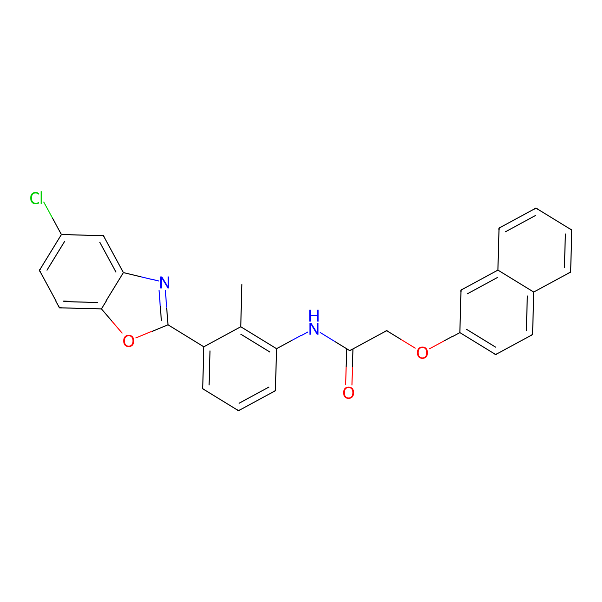 N-[3-(5-chloro-1,3-benzoxazol-2-yl)-2-methylphenyl]-2-naphthalen-2-yloxyacetamide molecular structure, CAS 432014-66-9