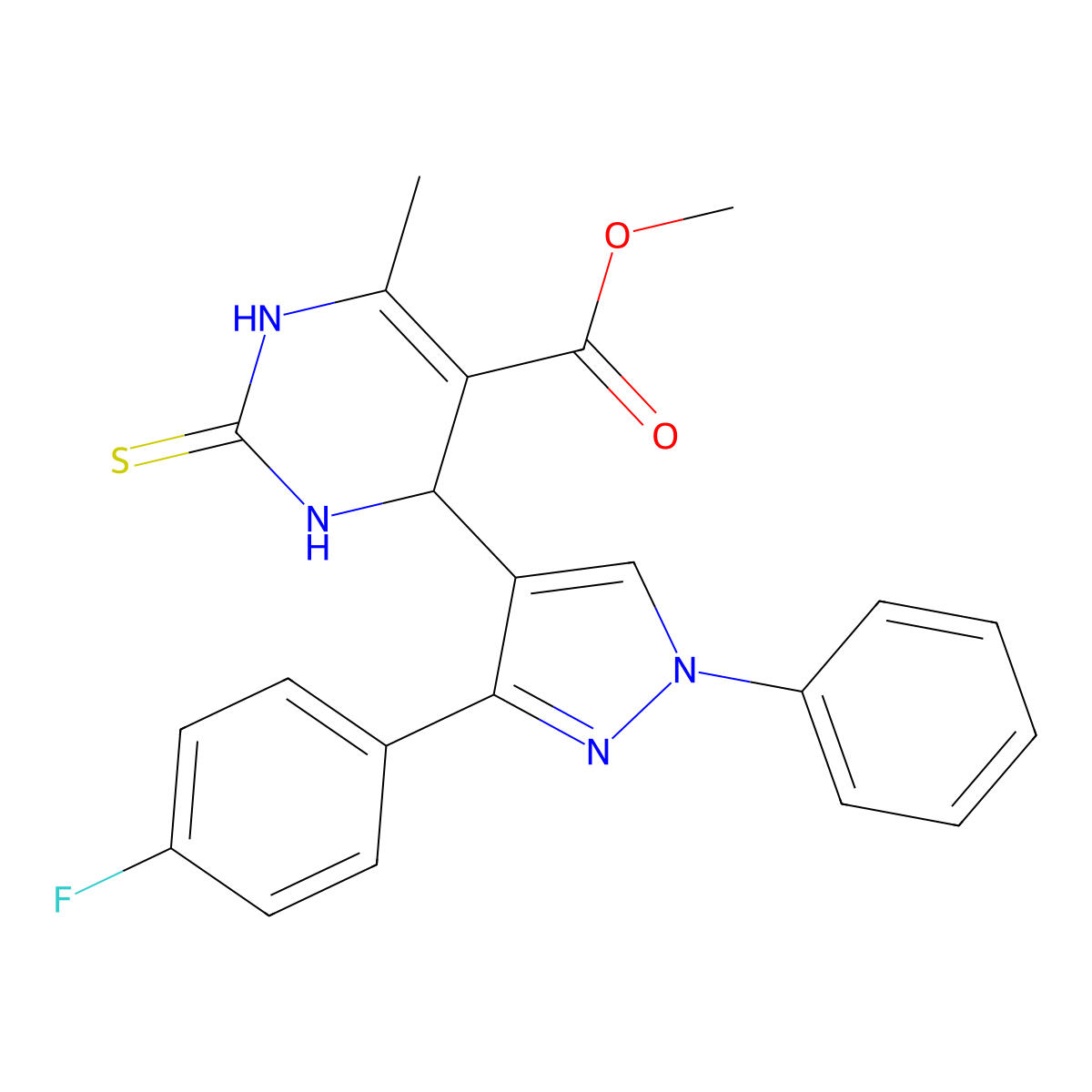 methyl 4-[3-(4-fluorophenyl)-1-phenyl-pyrazol-4-yl]-6-methyl-2-thioxo-3,4-dihydro-1H-pyrimidine-5-carboxylate molecular structure, CAS 432015-86-6