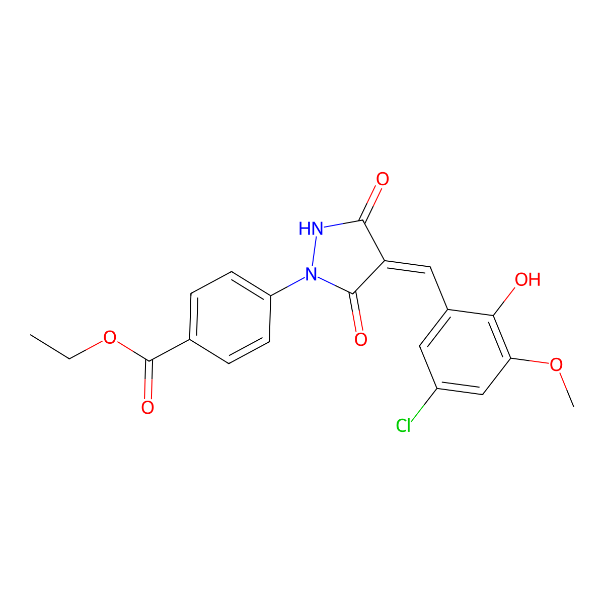 Ethyl 4-[4-[(5-chloro-2-hydroxy-3-methoxyphenyl)methylene]-3,5-dioxo-1-pyrazolidinyl]benzoate molecular structure, CAS 432017-41-9