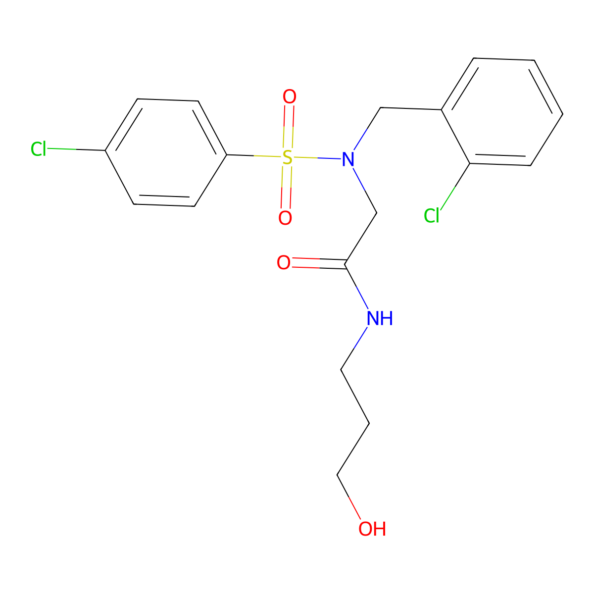 2-[(2-chlorophenyl)methyl-(4-chlorophenyl)sulfonylamino]-N-(3-hydroxypropyl)acetamide molecular structure, CAS 432017-51-1