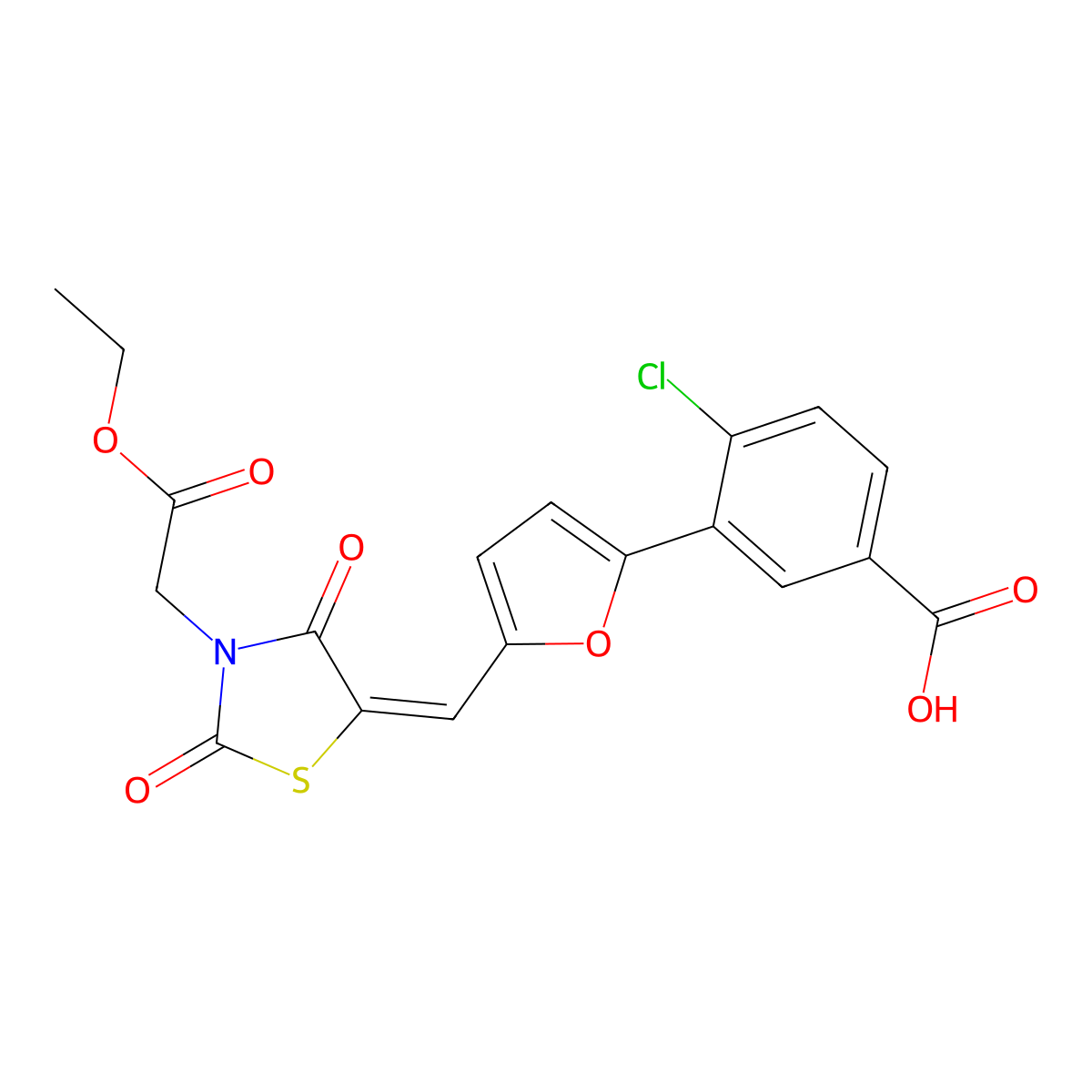 4-Chloro-3-[5-[[3-(2-ethoxy-2-oxoethyl)-2,4-dioxo-1,3-thiazolidin-5-ylidene]methyl]furan-2-yl]benzoic acid molecular structure, CAS 432018-32-1