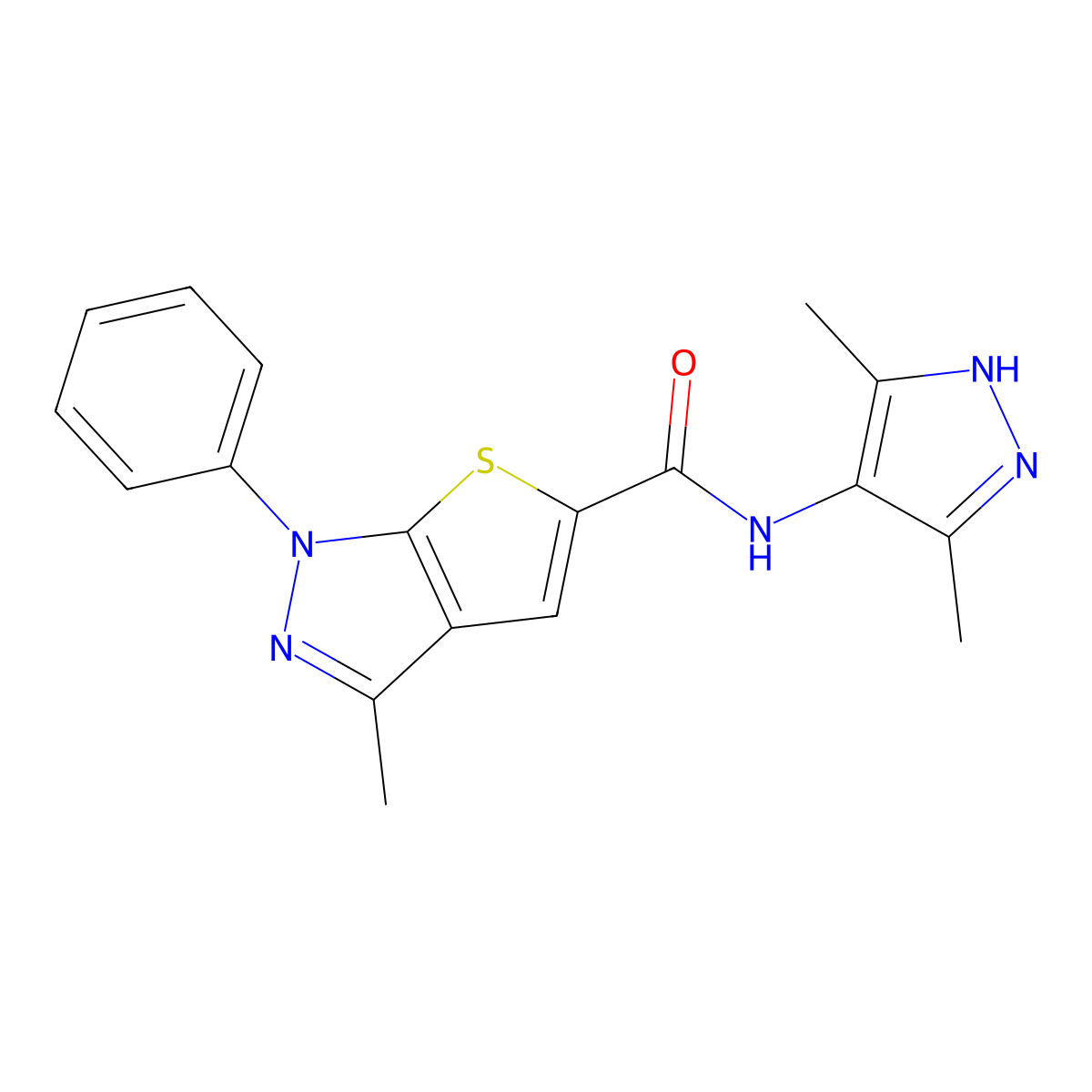 N-(3,5-dimethyl-1H-pyrazol-4-yl)-3-methyl-1-phenyl-1H-thieno[2,3-c]pyrazole-5-carboxamide molecular structure, CAS 432019-35-7