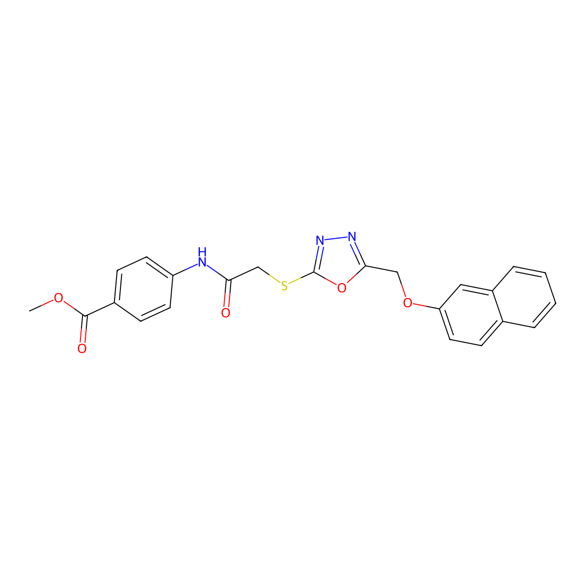 Methyl 4-[[2-[[5-(naphthalen-2-yloxymethyl)-1,3,4-oxadiazol-2-yl]sulfanyl]acetyl]amino]benzoate molecular structure, CAS 432019-63-1