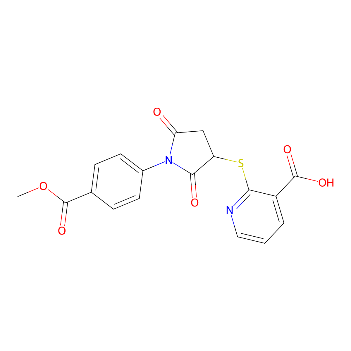 2-((1-(4-(Methoxycarbonyl)phenyl)-2,5-dioxopyrrolidin-3-yl)thio)nicotinic acid molecular structure, CAS 432020-08-1