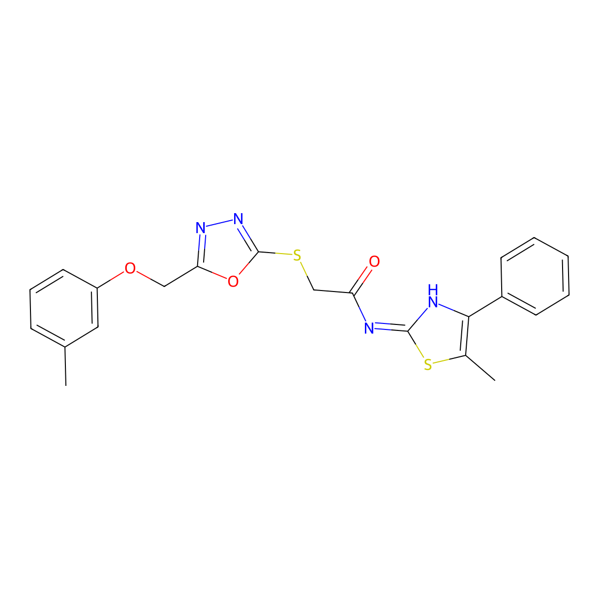 2-[[5-[(3-methylphenoxy)methyl]-1,3,4-oxadiazol-2-yl]sulfanyl]-N-(5-methyl-4-phenyl-1,3-thiazol-2-yl)acetamide molecular structure, CAS 432020-12-7