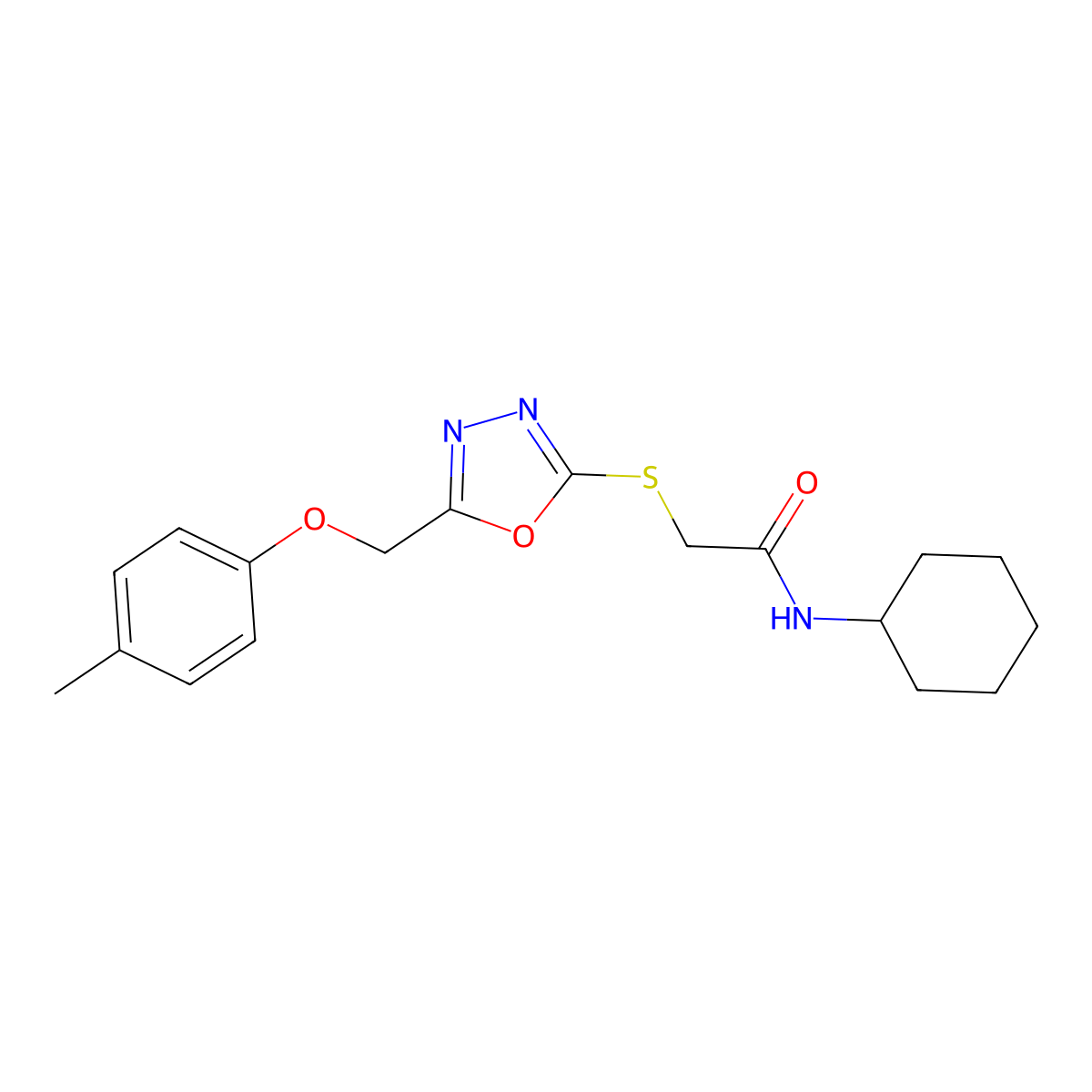 N-cyclohexyl-2-({5-[(4-methylphenoxy)methyl]-1,3,4-oxadiazol-2-yl}sulfanyl)acetamide molecular structure, CAS 432020-53-6