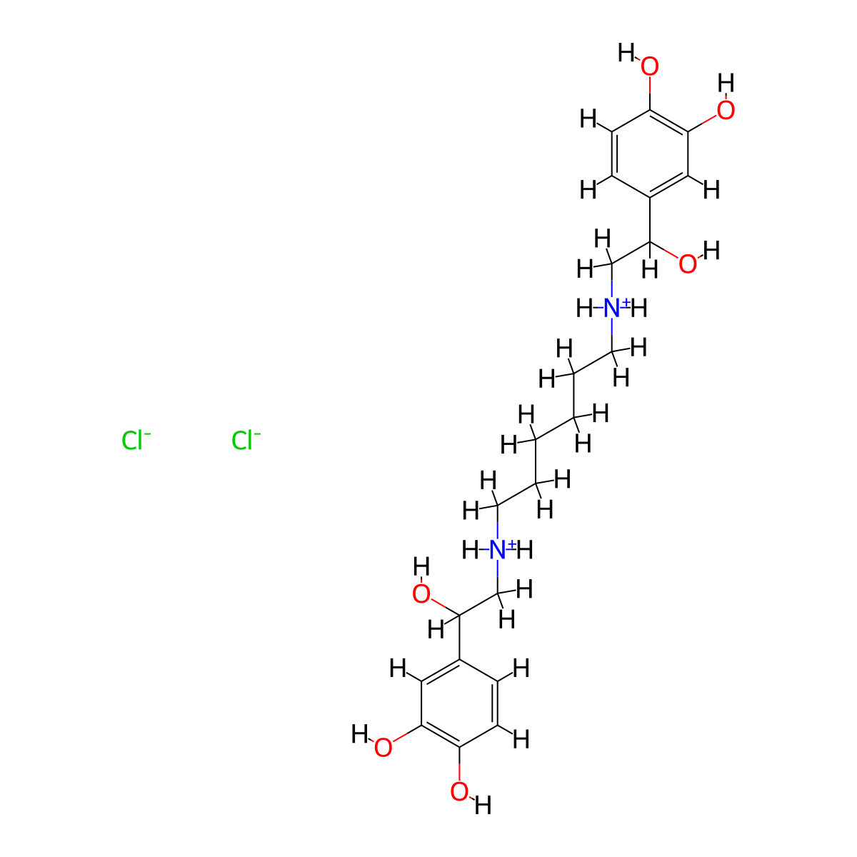 4,4'-(Hexane-1,6-diylbis(imino(1-hydroxy-2,1-ethanediyl)))bispyrocatechol dihydrochloride molecular structure, CAS 4323-43-7