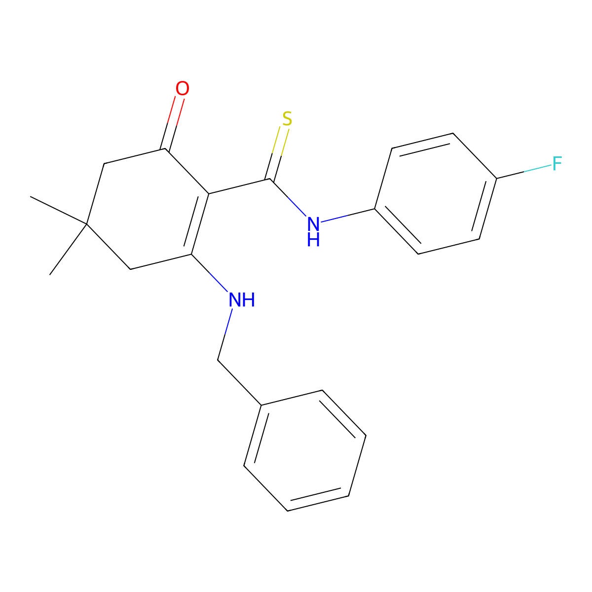 2-(benzylamino)-N-(4-fluorophenyl)-4,4-dimethyl-6-oxocyclohexene-1-carbothioamide molecular structure, CAS 432495-12-0