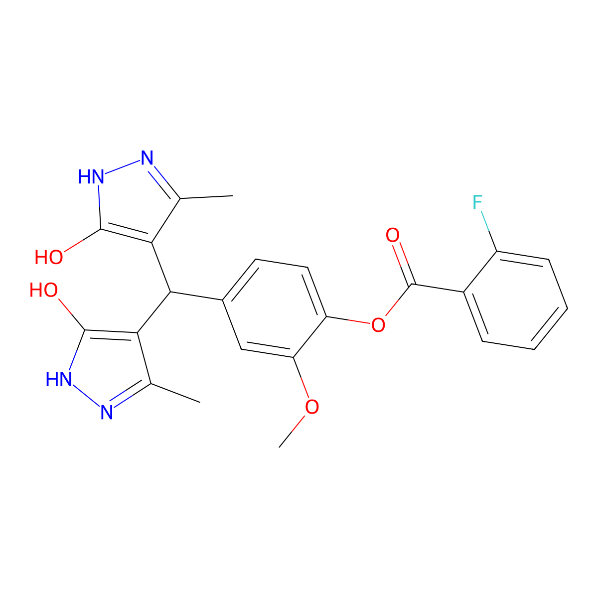 4-[bis(5-hydroxy-3-methyl-1H-pyrazol-4-yl)methyl]-2-methoxyphenyl 2-fluorobenzoate molecular structure, CAS 432498-02-7