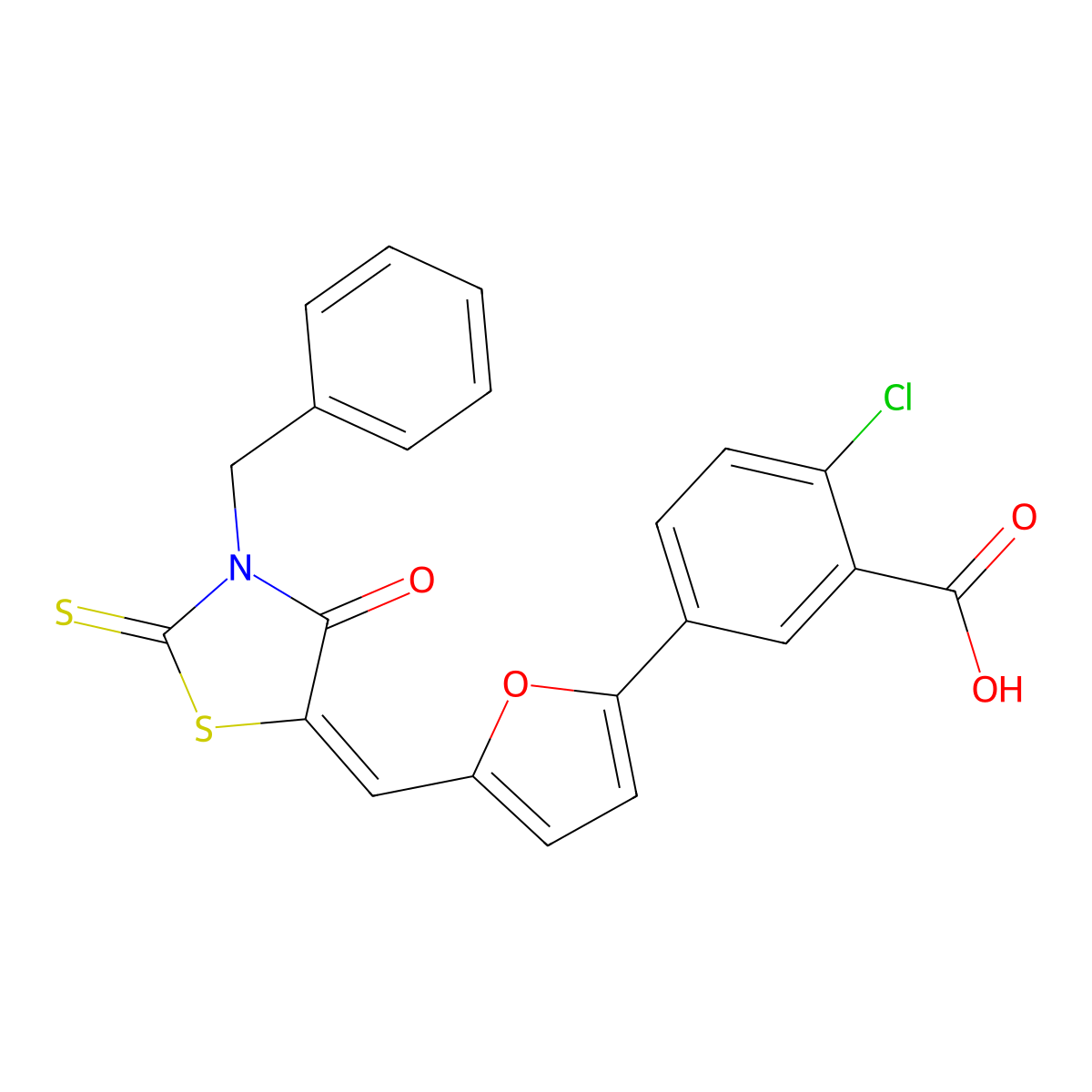 5-(5-((3-Benzyl-4-oxo-2-thioxothiazolidin-5-ylidene)methyl)furan-2-yl)-2-chlorobenzoic acid molecular structure, CAS 432499-63-3