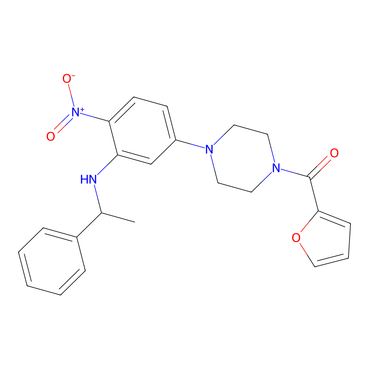 Furan-2-yl-[4-[4-nitro-3-(1-phenylethylamino)phenyl]piperazin-1-yl]methanone molecular structure, CAS 432502-37-9