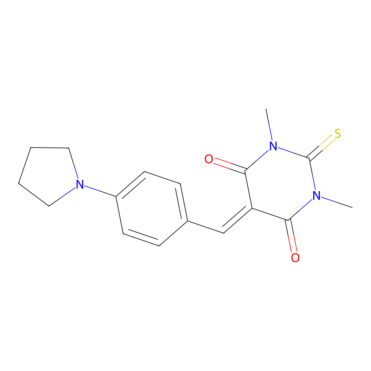 1,3-dimethyl-5-[4-(pyrrolidin-1-yl)benzylidene]-2-thioxodihydropyrimidine-4,6(1H,5H)-dione molecular structure, CAS 432503-04-3