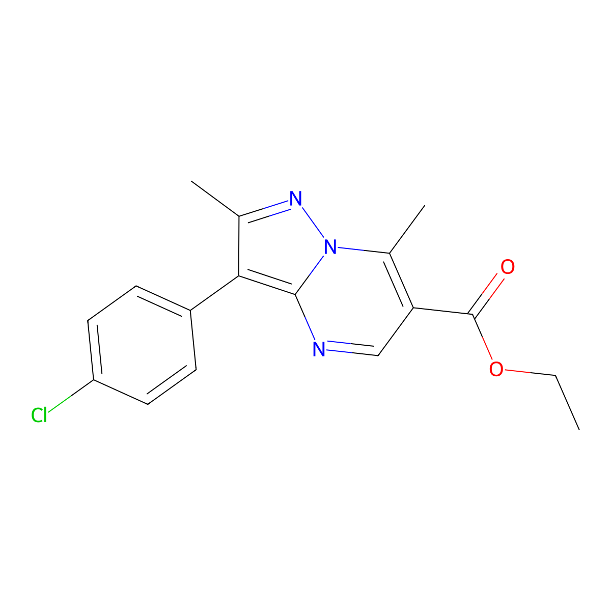 Ethyl 3-(4-chlorophenyl)-2,7-dimethylpyrazolo[1,5-a]pyrimidine-6-carboxylate molecular structure, CAS 432503-47-4