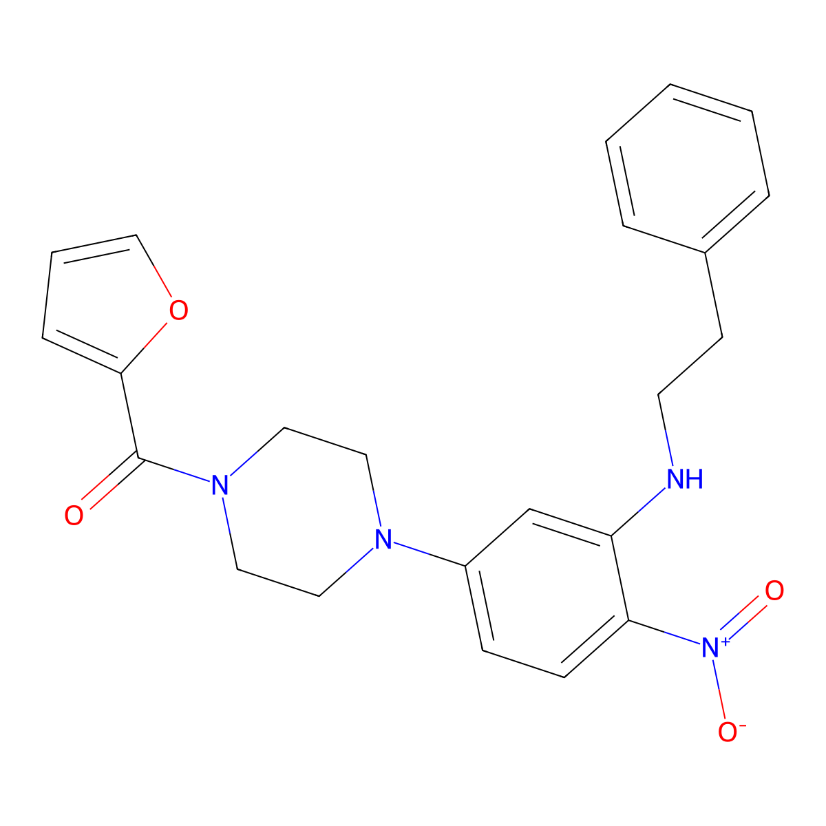 Furan-2-yl(4-{4-nitro-3-[(2-phenylethyl)amino]phenyl}piperazin-1-yl)methanone molecular structure, CAS 432503-60-1