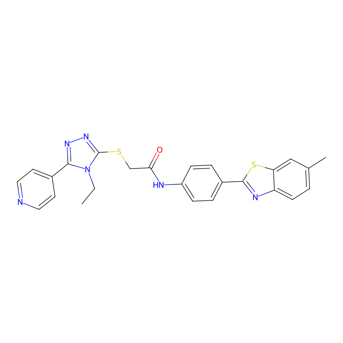 2-{[4-Ethyl-5-(4-pyridinyl)-4H-1,2,4-triazol-3-yl]sulfanyl}-N-[4-(6-methyl-1,3-benzothiazol-2-yl)phenyl]acetamide molecular structure, CAS 432508-45-7