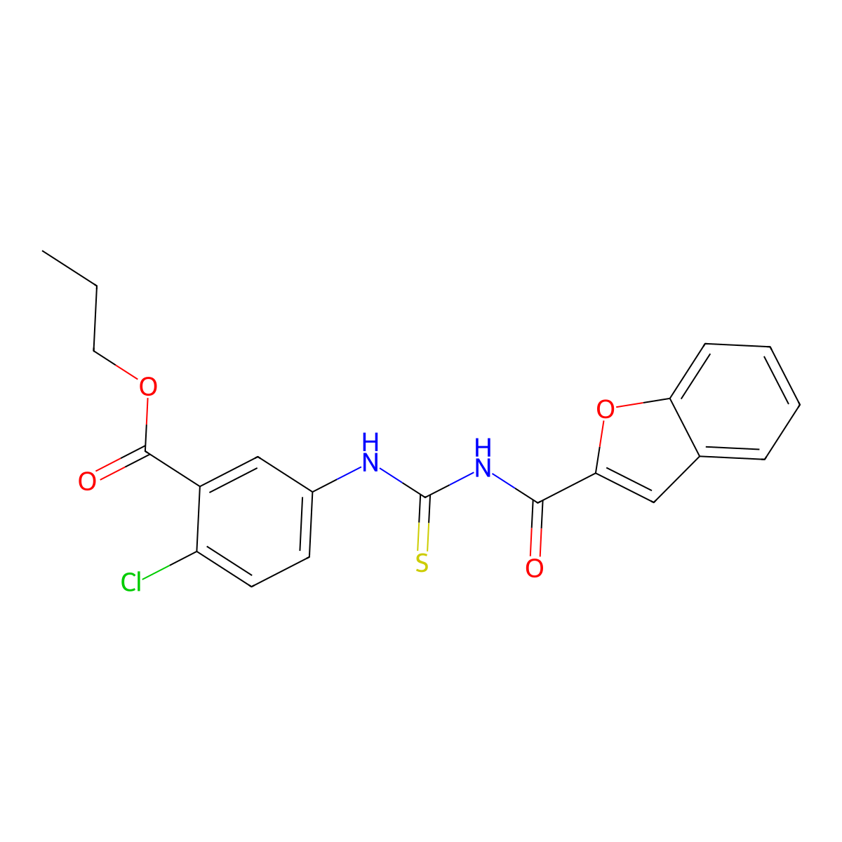 Propyl 5-{[(1-benzofuran-2-ylcarbonyl)carbamothioyl]amino}-2-chlorobenzoate molecular structure, CAS 432511-10-9