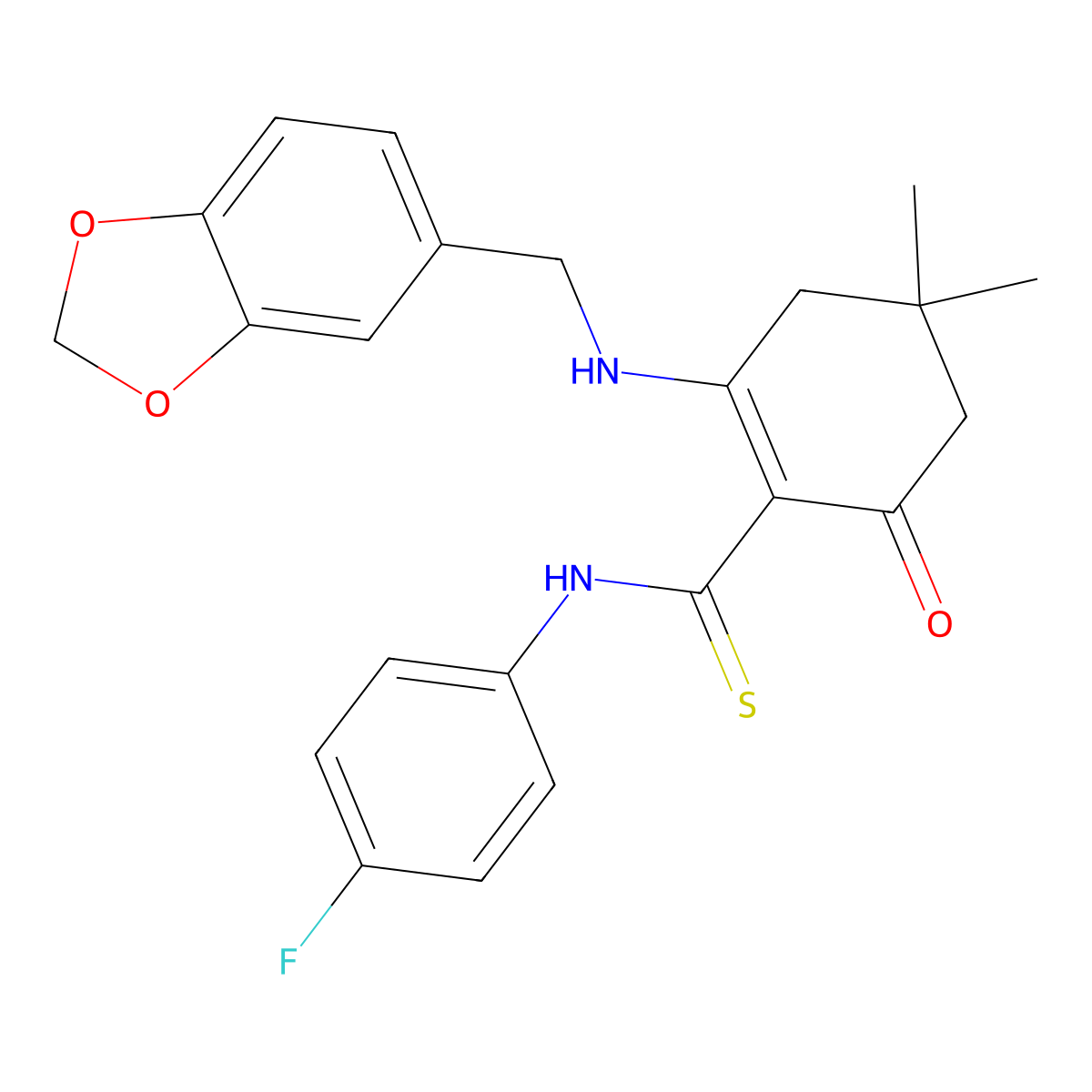 2-(1,3-benzodioxol-5-ylmethylamino)-N-(4-fluorophenyl)-4,4-dimethyl-6-oxocyclohexene-1-carbothioamide molecular structure, CAS 432511-93-8