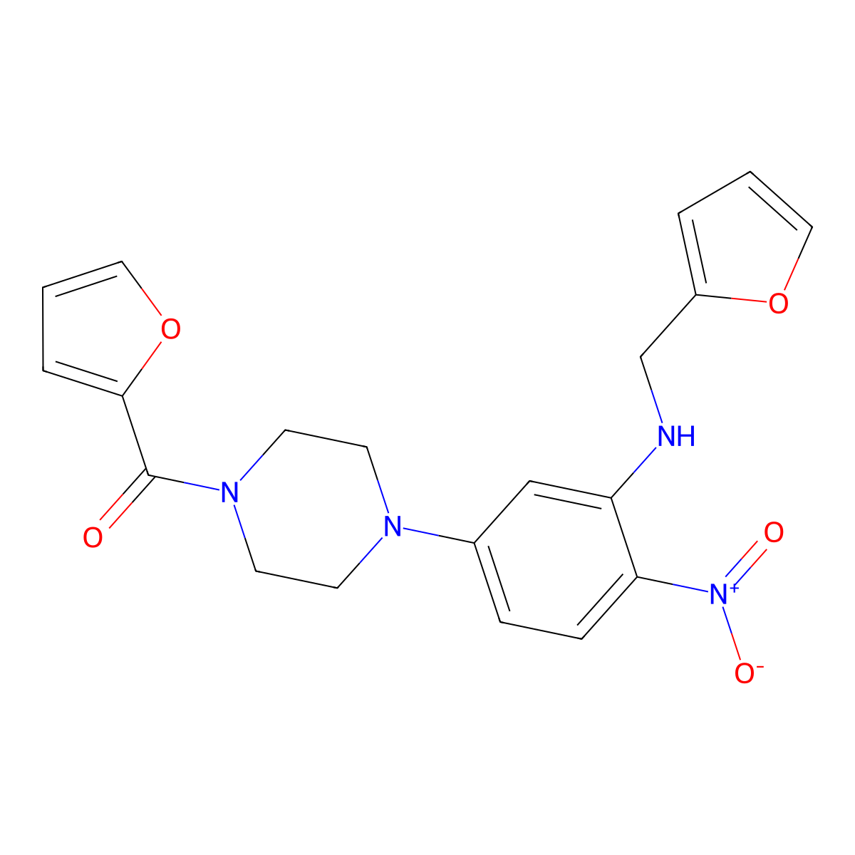 Furan-2-yl-[4-[3-(furan-2-ylmethylamino)-4-nitrophenyl]piperazin-1-yl]methanone molecular structure, CAS 432515-02-1