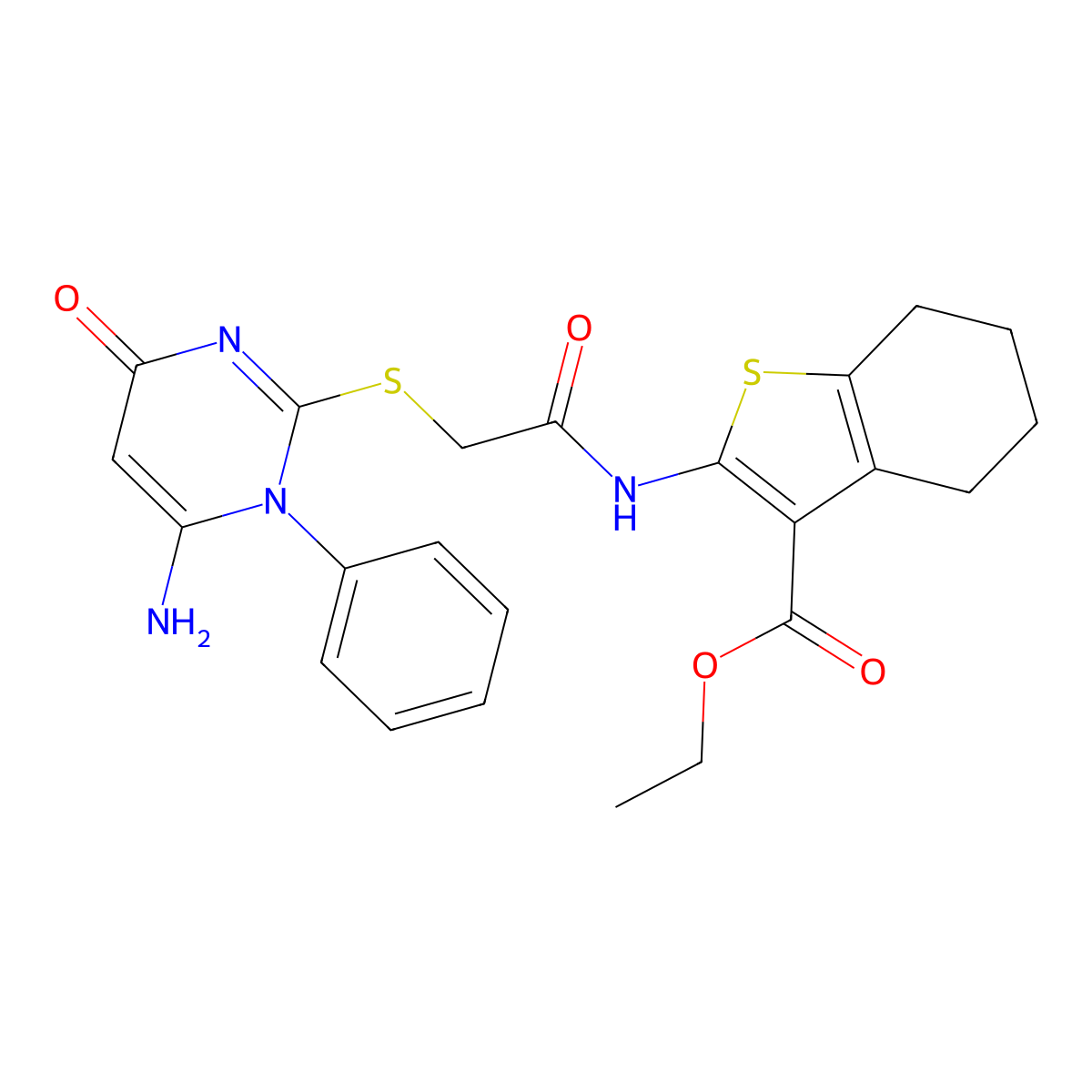 Ethyl 2-({[(6-amino-4-oxo-1-phenyl-1,4-dihydropyrimidin-2-yl)sulfanyl]acetyl}amino)-4,5,6,7-tetrahydro-1-benzothiophene-3-carboxylate molecular structure, CAS 432518-69-9