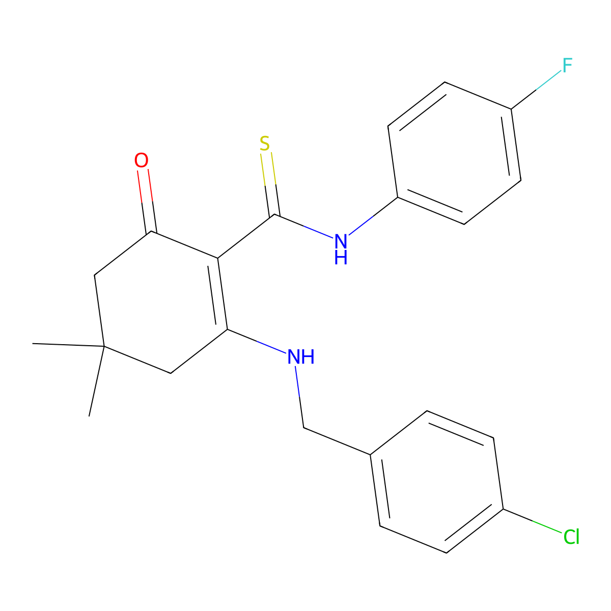 2-[(4-chlorophenyl)methylamino]-N-(4-fluorophenyl)-4,4-dimethyl-6-oxocyclohexene-1-carbothioamide molecular structure, CAS 432518-85-9