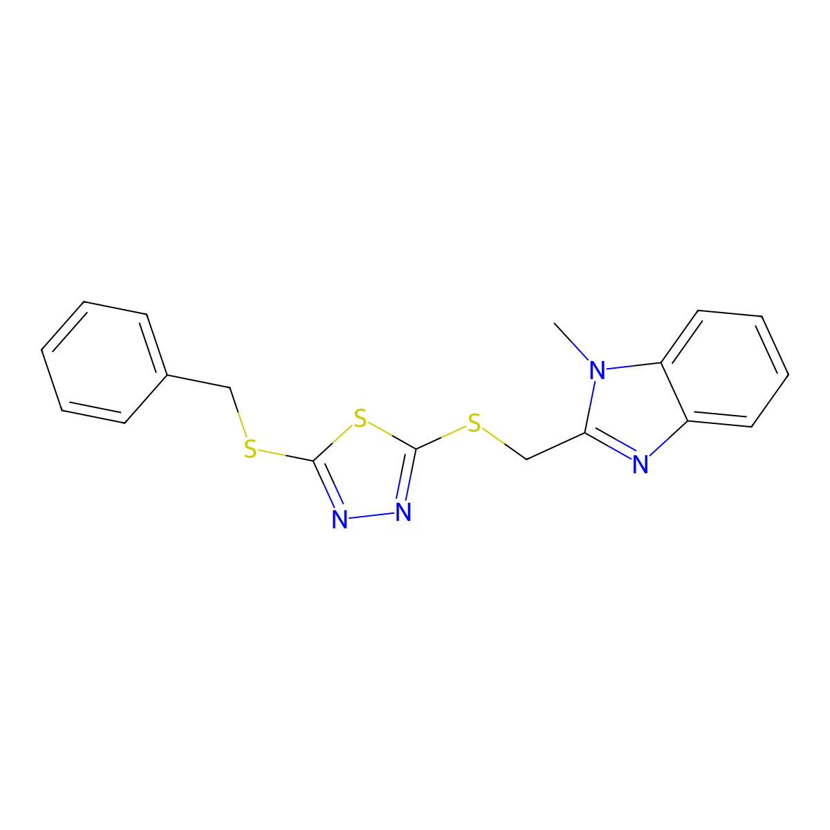 2-Benzylsulfanyl-5-[(1-methylbenzimidazol-2-yl)methylsulfanyl]-1,3,4-thiadiazole molecular structure, CAS 432519-72-7
