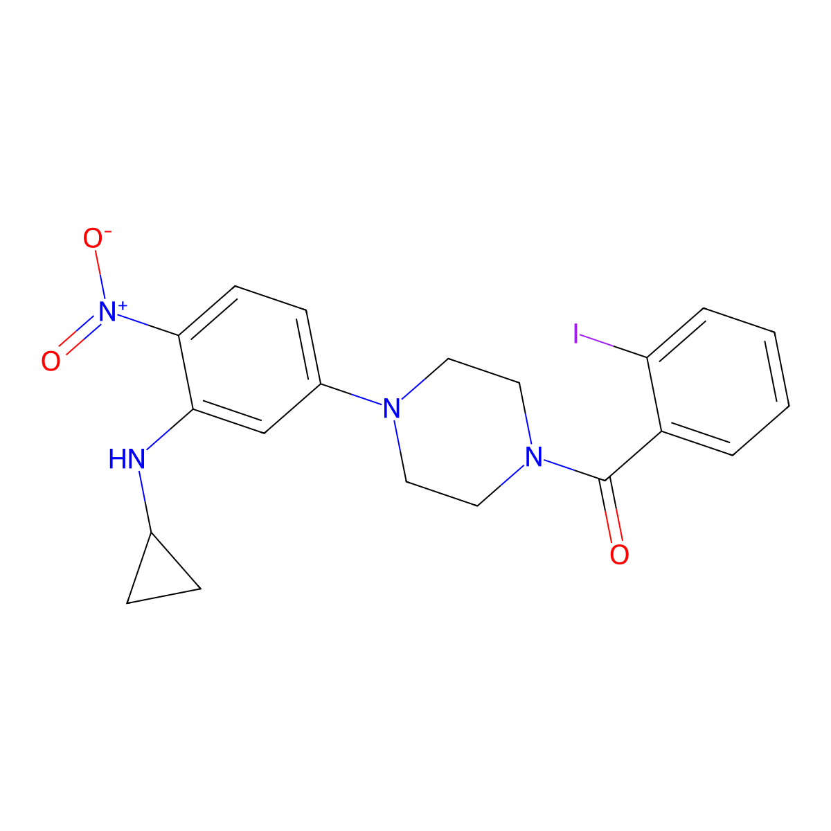 [4-[3-(Cyclopropylamino)-4-nitrophenyl]piperazin-1-yl]-(2-iodophenyl)methanone molecular structure, CAS 432520-22-4