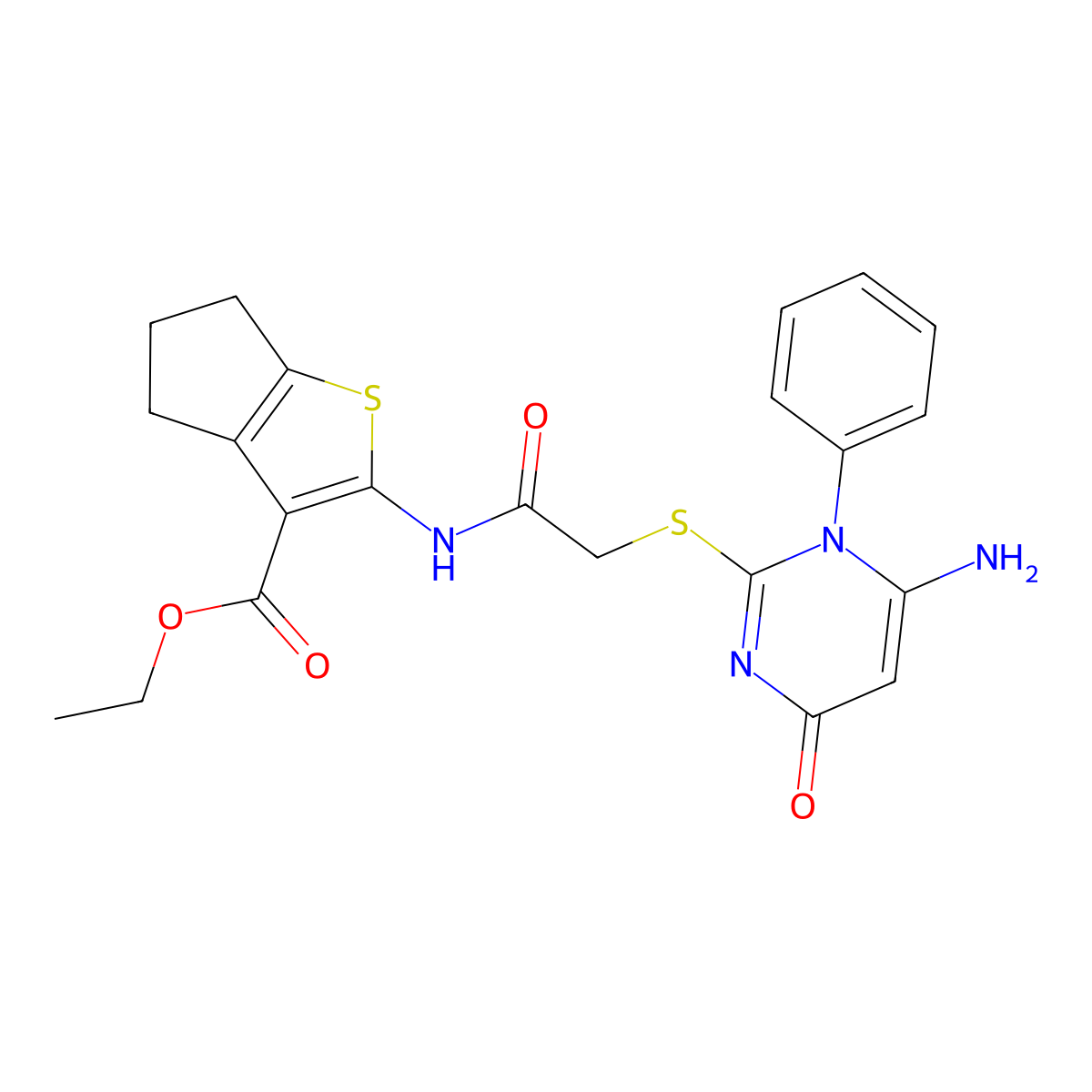 ethyl 2-({[(6-amino-4-oxo-1-phenyl-1,4-dihydropyrimidin-2-yl)sulfanyl]acetyl}amino)-5,6-dihydro-4H-cyclopenta[b]thiophene-3-carboxylate molecular structure, CAS 432522-70-8