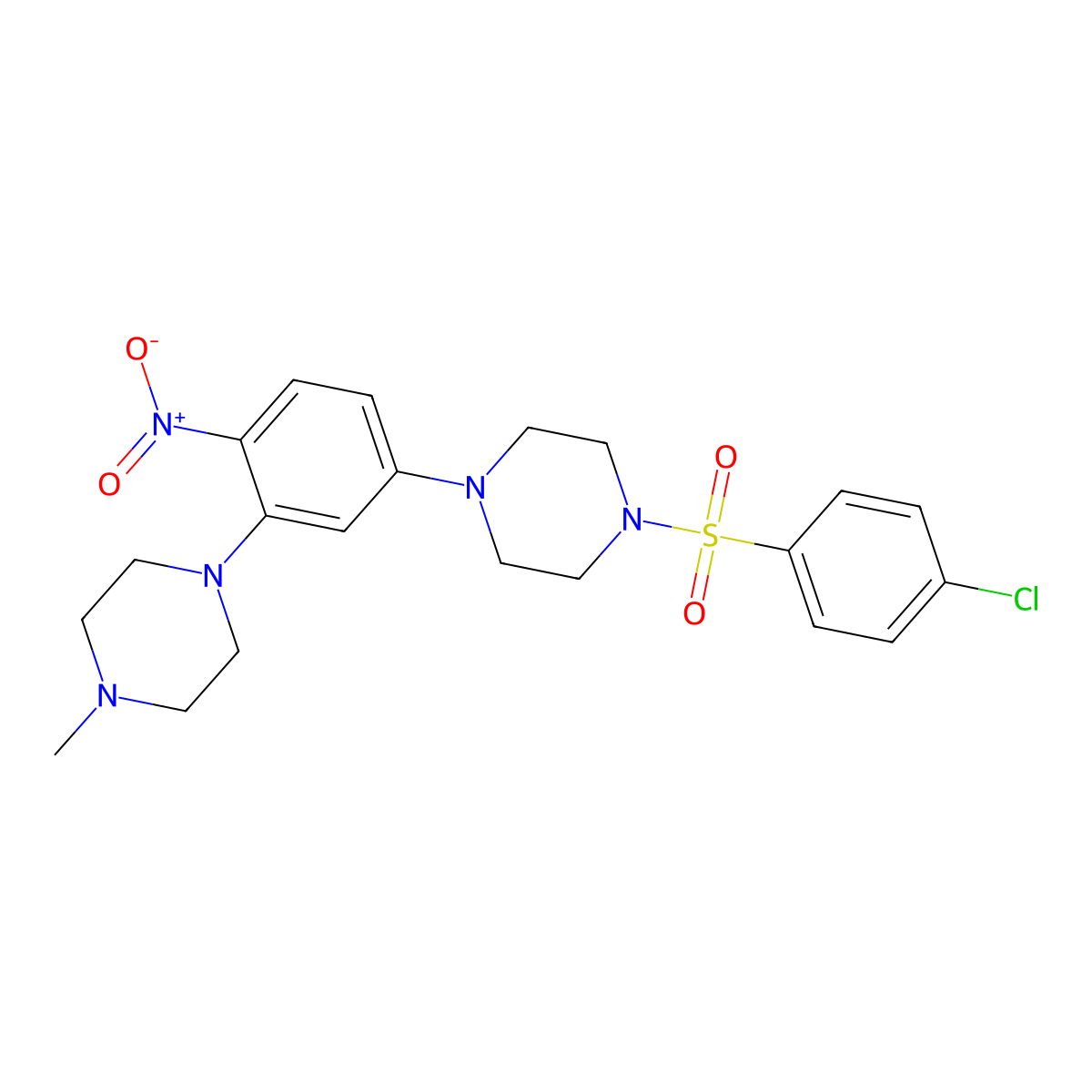 1-[5-[4-(4-Chlorophenyl)sulfonylpiperazin-1-yl]-2-nitrophenyl]-4-methylpiperazine molecular structure, CAS 432524-81-7