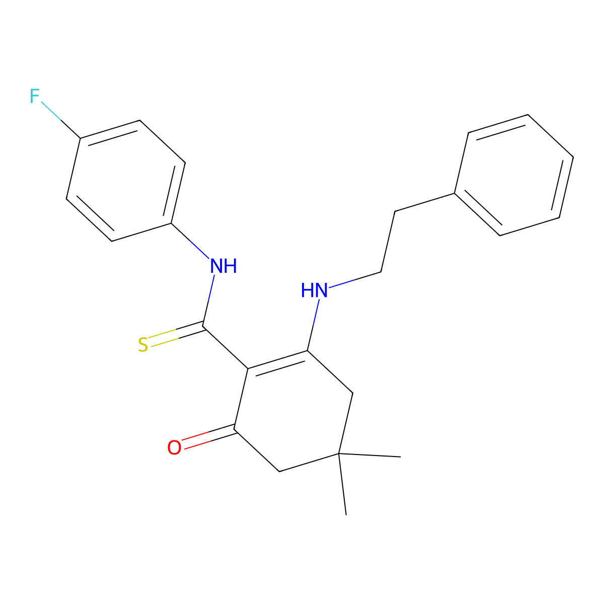 N-(4-fluorophenyl)-4,4-dimethyl-6-oxo-2-[(2-phenylethyl)amino]cyclohex-1-ene-1-carbothioamide molecular structure, CAS 432527-96-3