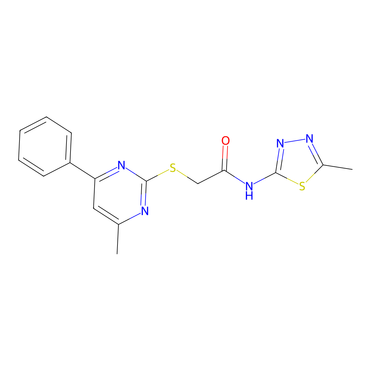 2-(4-methyl-6-phenylpyrimidin-2-yl)sulfanyl-N-(5-methyl-1,3,4-thiadiazol-2-yl)acetamide molecular structure, CAS 432530-28-4