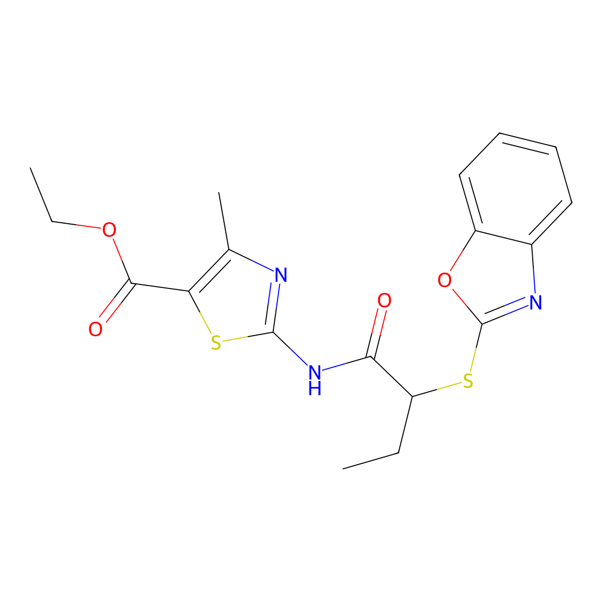 Ethyl 2-{[2-(1,3-benzoxazol-2-ylsulfanyl)butanoyl]amino}-4-methyl-1,3-thiazole-5-carboxylate molecular structure, CAS 432532-78-0