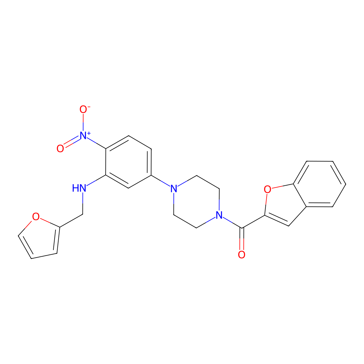 1-Benzofuran-2-yl-[4-[3-(furan-2-ylmethylamino)-4-nitrophenyl]piperazin-1-yl]methanone molecular structure, CAS 432534-04-8