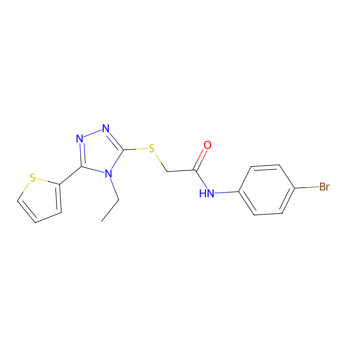 N-(4-Bromophenyl)-2-((4-ethyl-5-(2-thienyl)-4H-1,2,4-triazol-3-YL)thio)acetamide molecular structure, CAS 432534-89-9